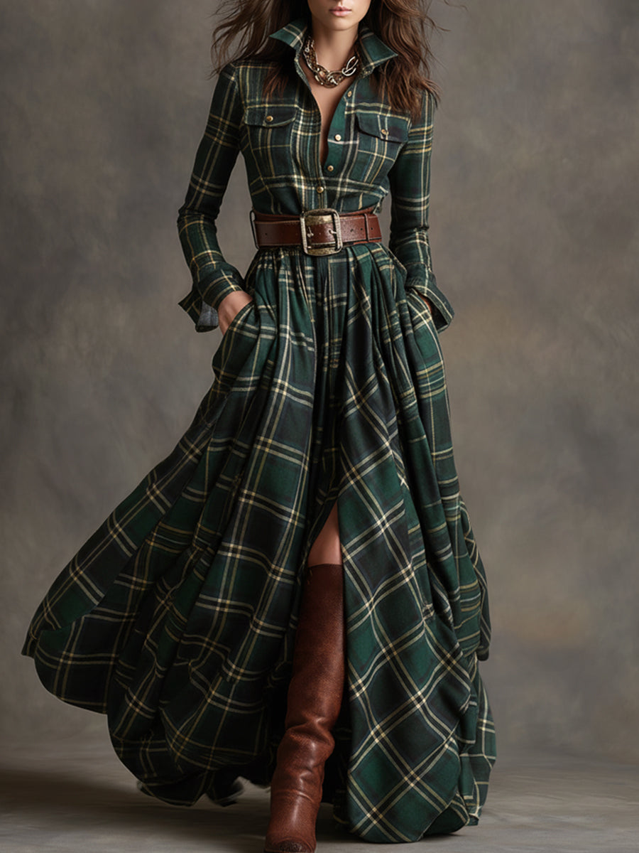 Geknöpftes kariertes Damen-Maxikleid