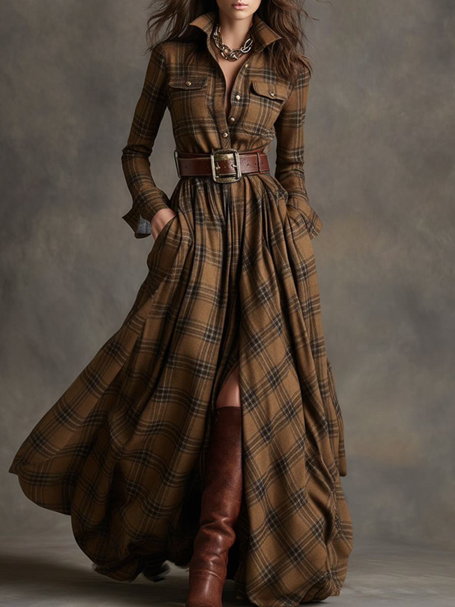 Geknöpftes kariertes Damen-Maxikleid