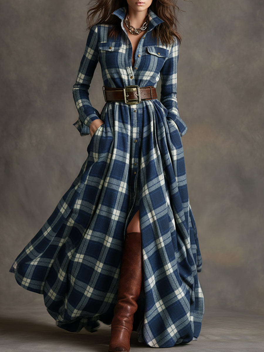 Geknöpftes kariertes Damen-Maxikleid