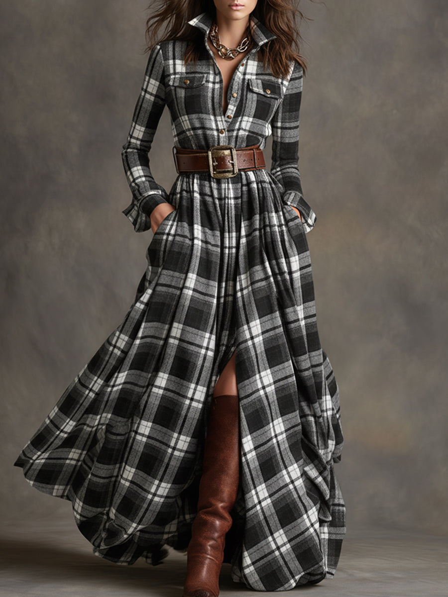 Geknöpftes kariertes Damen-Maxikleid