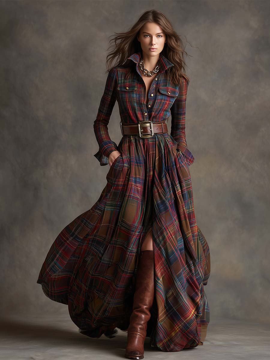 Geknöpftes kariertes Damen-Maxikleid