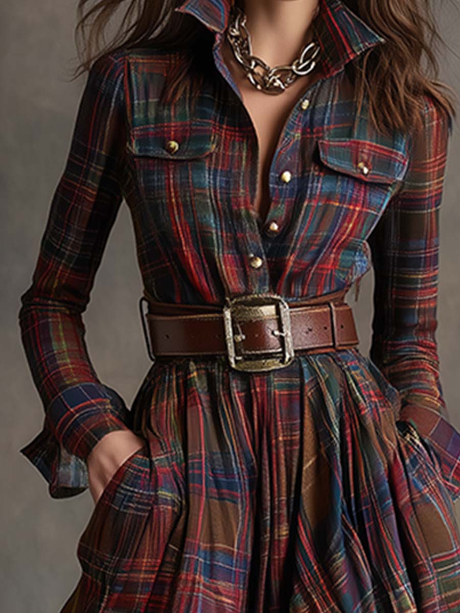 Geknöpftes kariertes Damen-Maxikleid