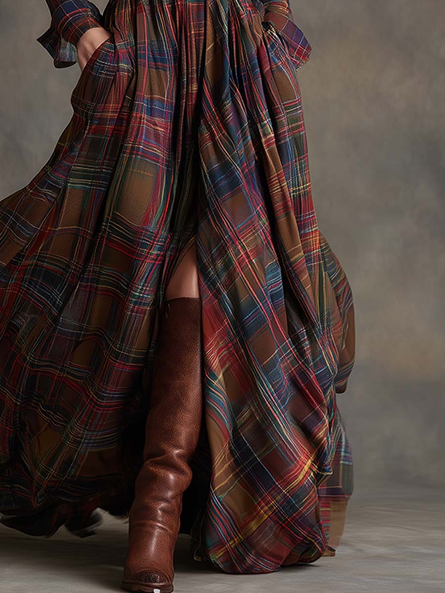 Geknöpftes kariertes Damen-Maxikleid
