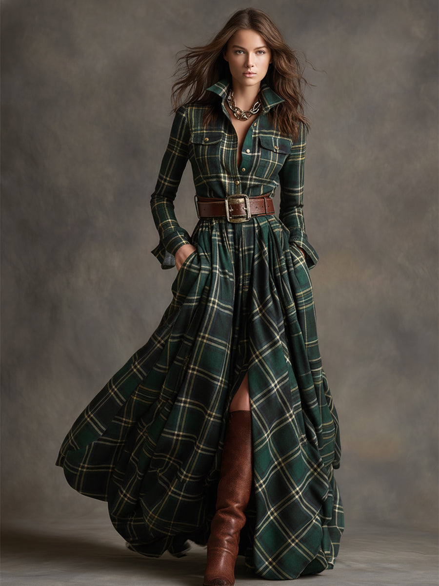 Geknöpftes kariertes Damen-Maxikleid