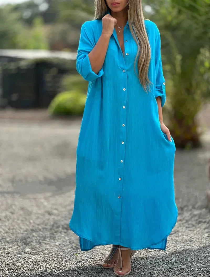 Damen-Maxi-Hemdblusenkleid mit Knöpfen