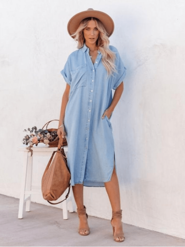 Geknöpftes Damen-Midi-Hemdblusenkleid