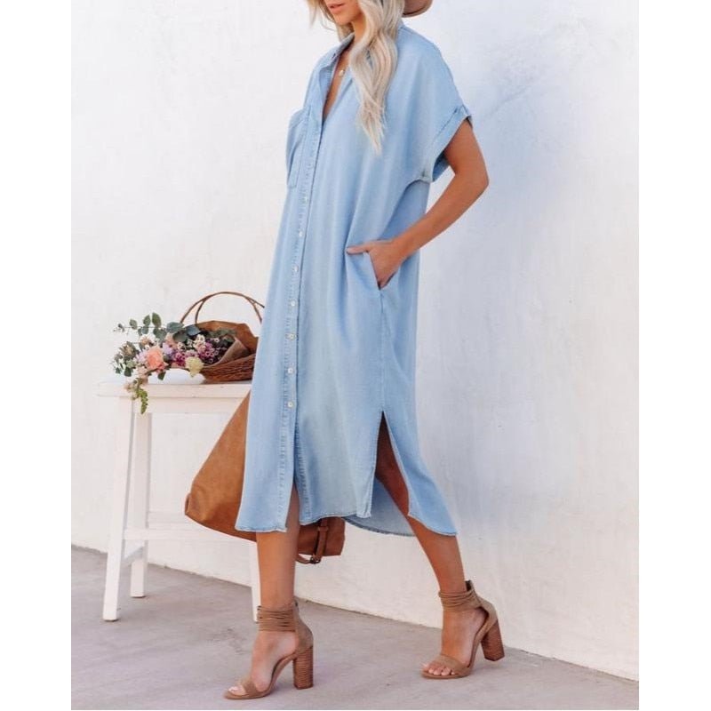 Geknöpftes Damen-Midi-Hemdblusenkleid