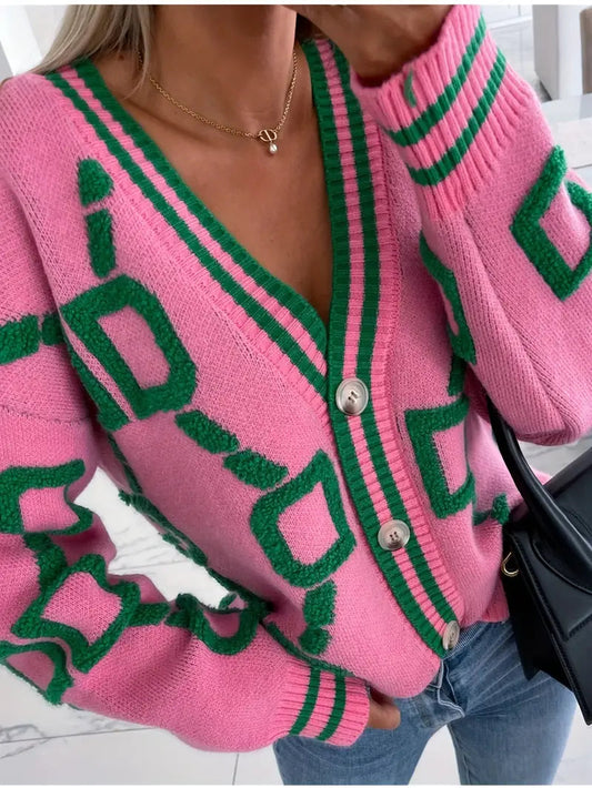 Damen-Cardigan mit Knöpfen, V-Ausschnitt und langen Ärmeln