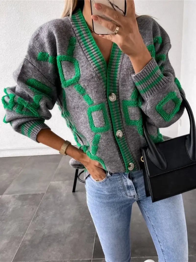 Damen-Cardigan mit Knöpfen, V-Ausschnitt und langen Ärmeln