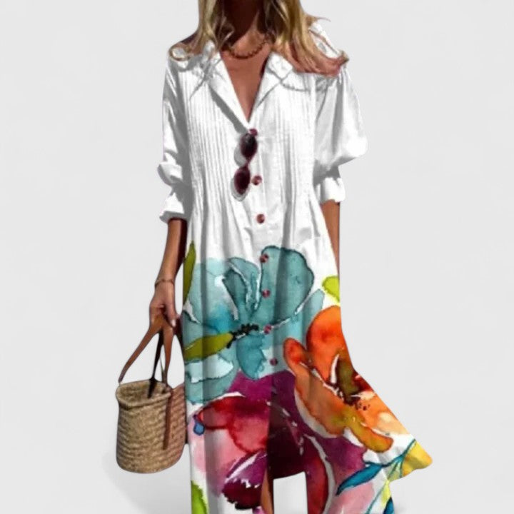 Geknöpftes Damen-Maxikleid mit Blumenmuster