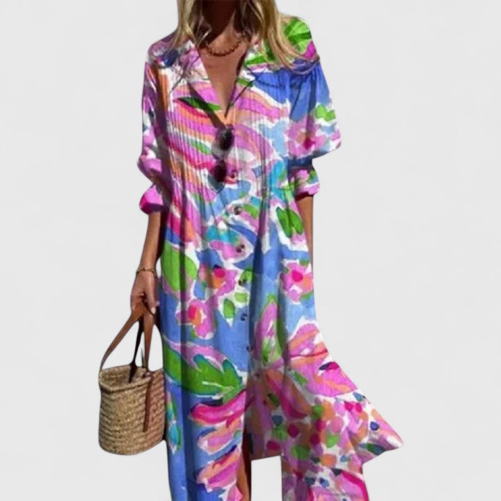 Geknöpftes Damen-Maxikleid mit Blumenmuster
