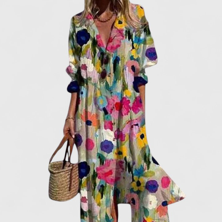 Geknöpftes Damen-Maxikleid mit Blumenmuster