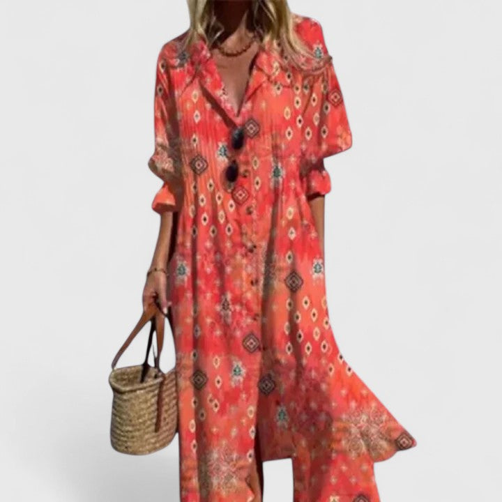 Geknöpftes Damen-Maxikleid mit Blumenmuster