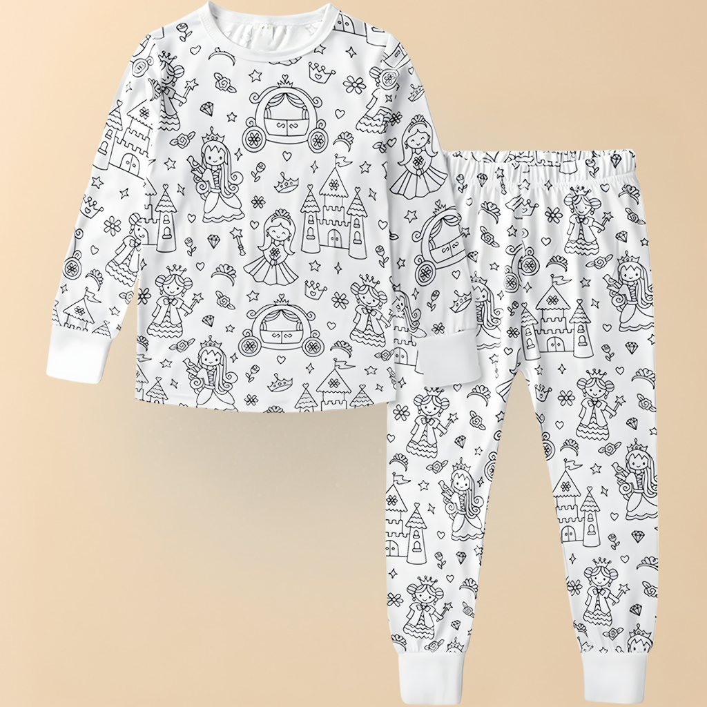 Kinder Weihnachts-Doodle-Pyjamaset – Langarm-Oberteil und Hose – Festliche Nachtwäsche