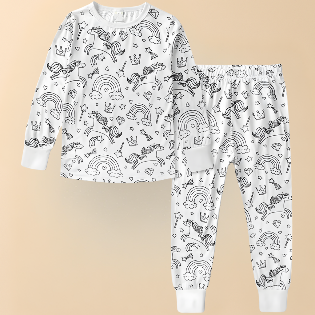 Kinder Weihnachts-Doodle-Pyjamaset – Langarm-Oberteil und Hose – Festliche Nachtwäsche