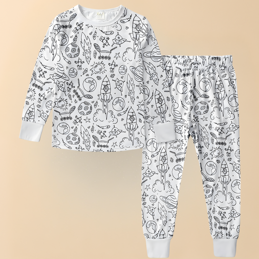 Kinder Weihnachts-Doodle-Pyjamaset – Langarm-Oberteil und Hose – Festliche Nachtwäsche