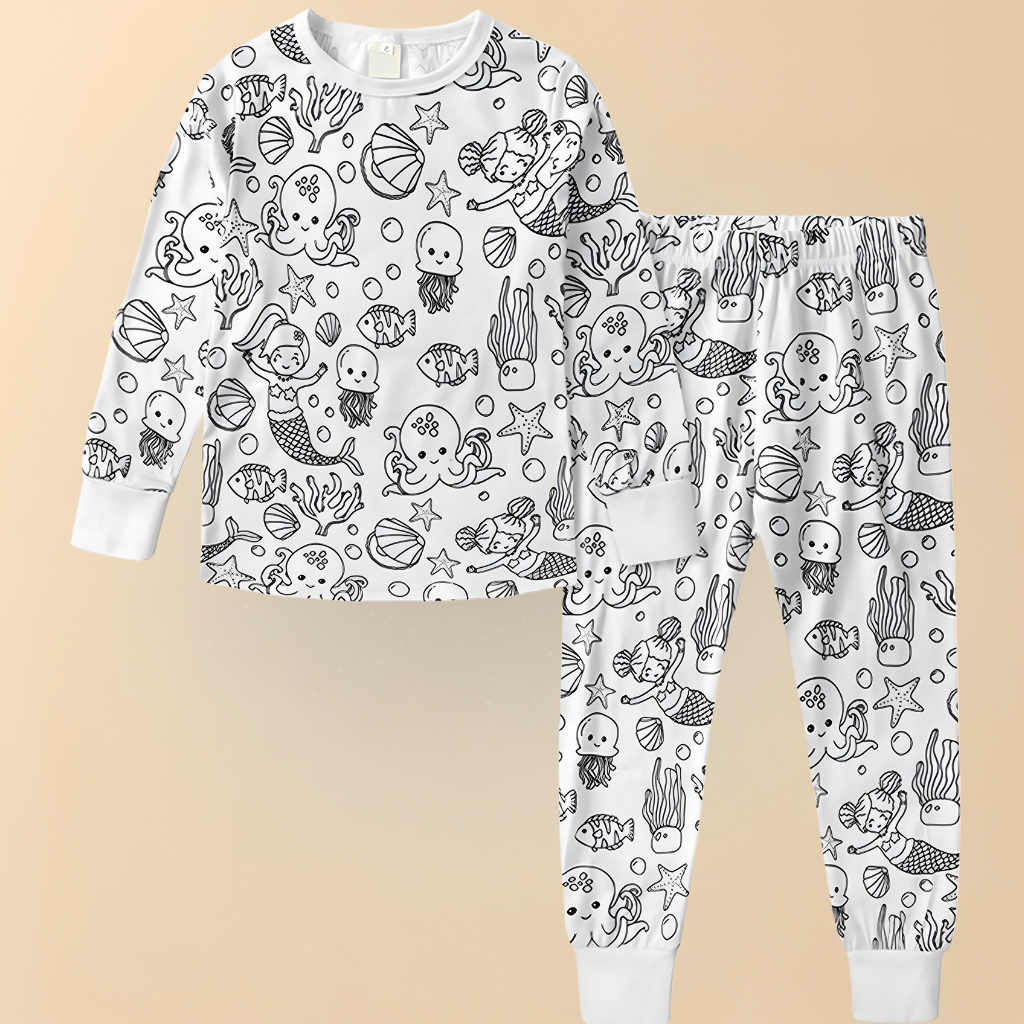 Kinder Weihnachts-Doodle-Pyjamaset – Langarm-Oberteil und Hose – Festliche Nachtwäsche