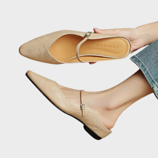 Spitze flache Mary Jane Leder-Mules mit Schnallenriemen für Damen