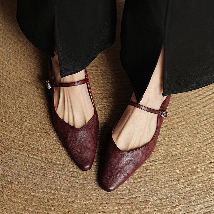 Spitze flache Mary Jane Leder-Mules mit Schnallenriemen für Damen