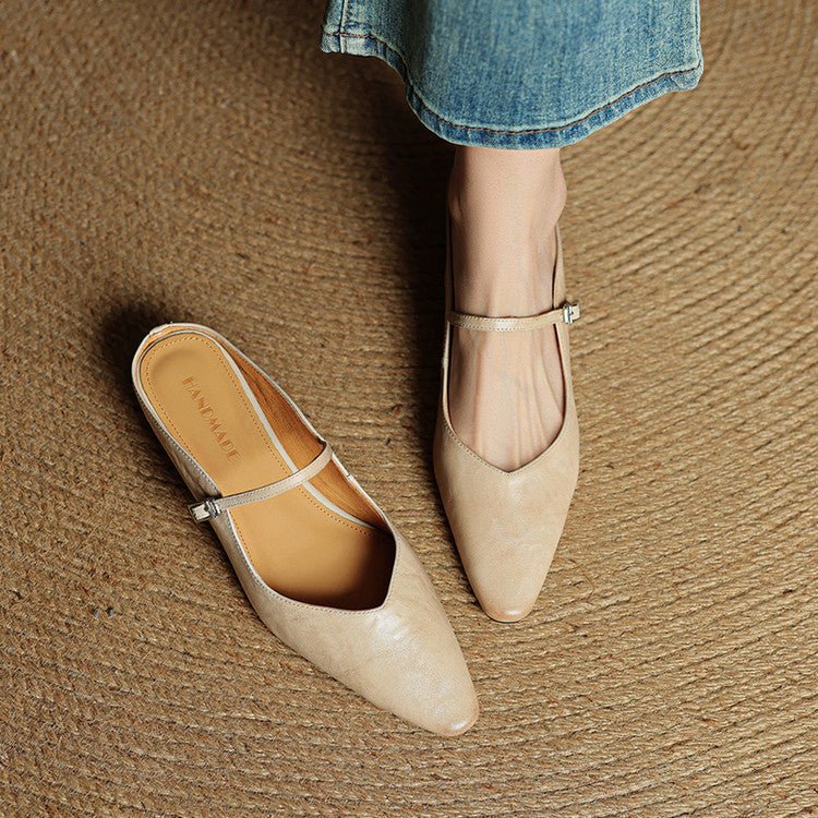 Spitze flache Mary Jane Leder-Mules mit Schnallenriemen für Damen