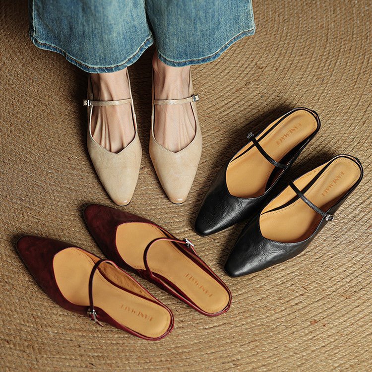 Spitze flache Mary Jane Leder-Mules mit Schnallenriemen für Damen