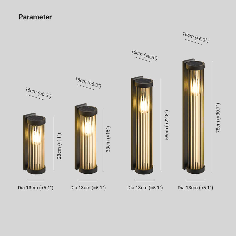 Zylindrische Solar-Aussenleuchte aus Metall und Glas