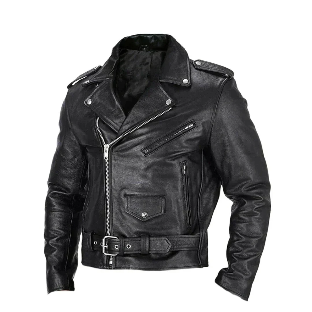 Herren-Motorradjacke mit diagonalem Reissverschluss und Gürtel