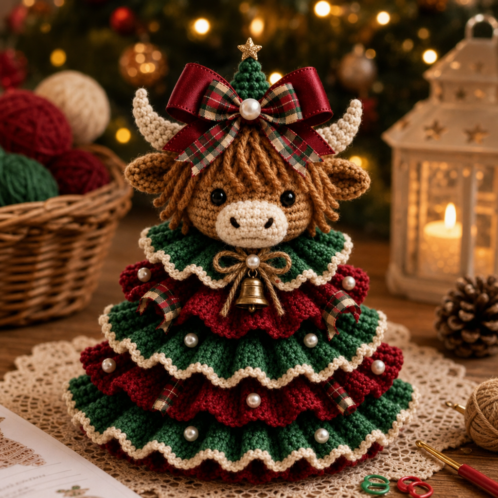Gehäkeltes Schottisches Hochlandrind Weihnachtsschmuck Set