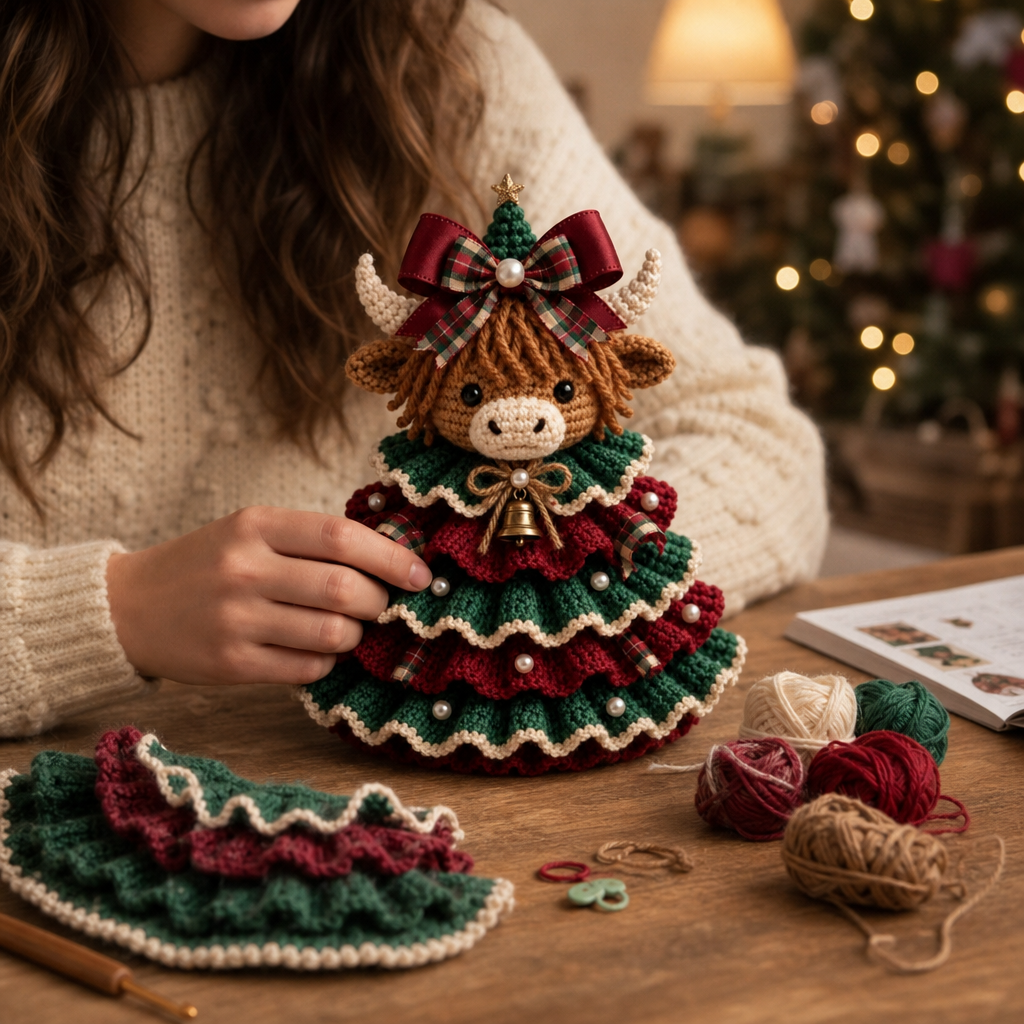 Gehäkeltes Schottisches Hochlandrind Weihnachtsschmuck Set
