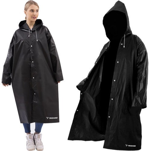 Langer, schwarzer Unisex-Regenmantel mit Kapuze