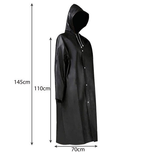 Langer, schwarzer Unisex-Regenmantel mit Kapuze