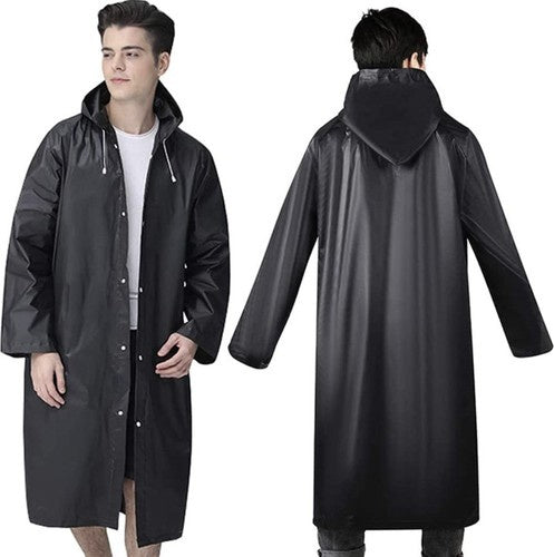 Langer, schwarzer Unisex-Regenmantel mit Kapuze