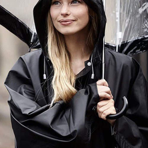 Langer, schwarzer Unisex-Regenmantel mit Kapuze
