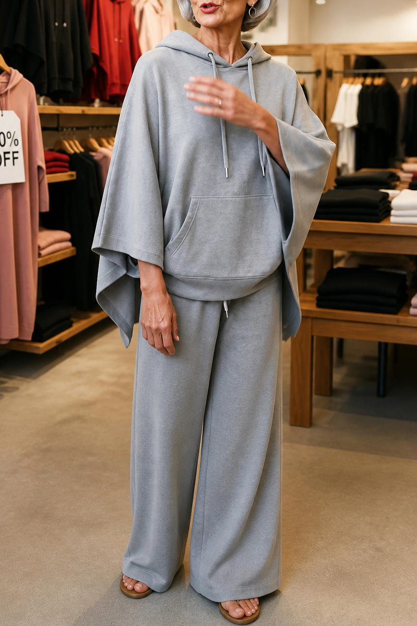 Set aus Kapuzenpelerine und Hose mit weitem Bein
