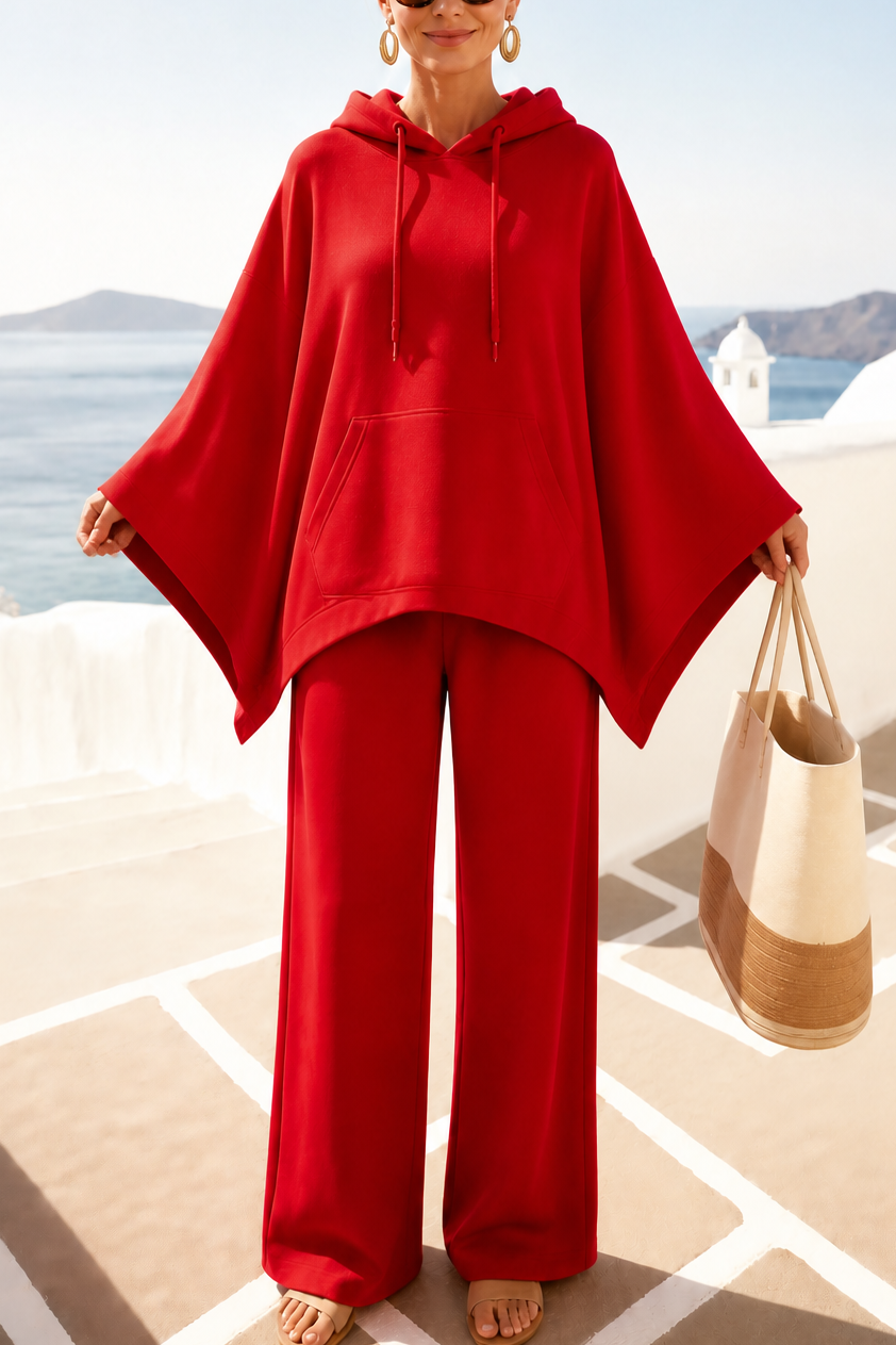 Set aus Kapuzenpelerine und Hose mit weitem Bein