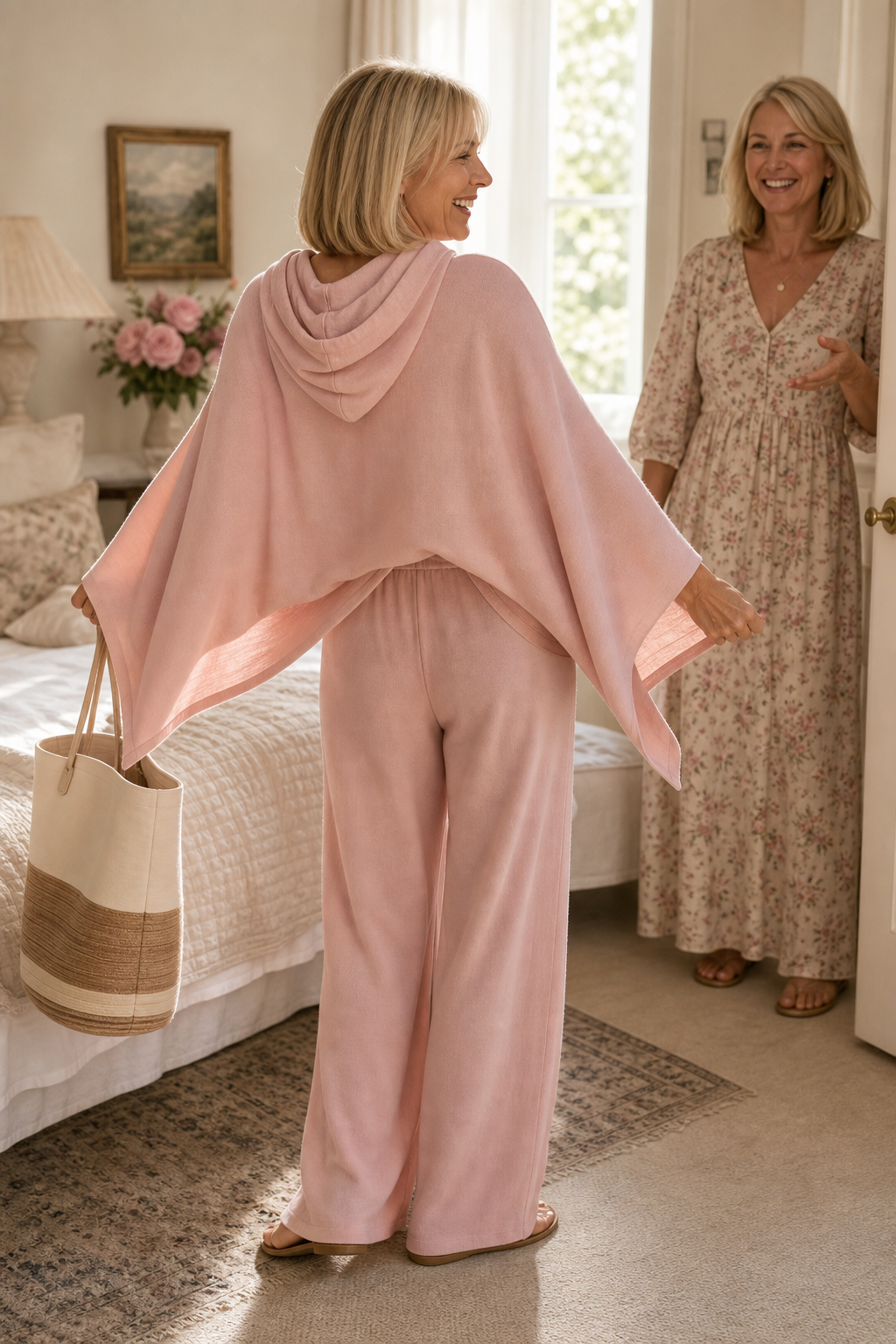 Set aus Kapuzenpelerine und Hose mit weitem Bein