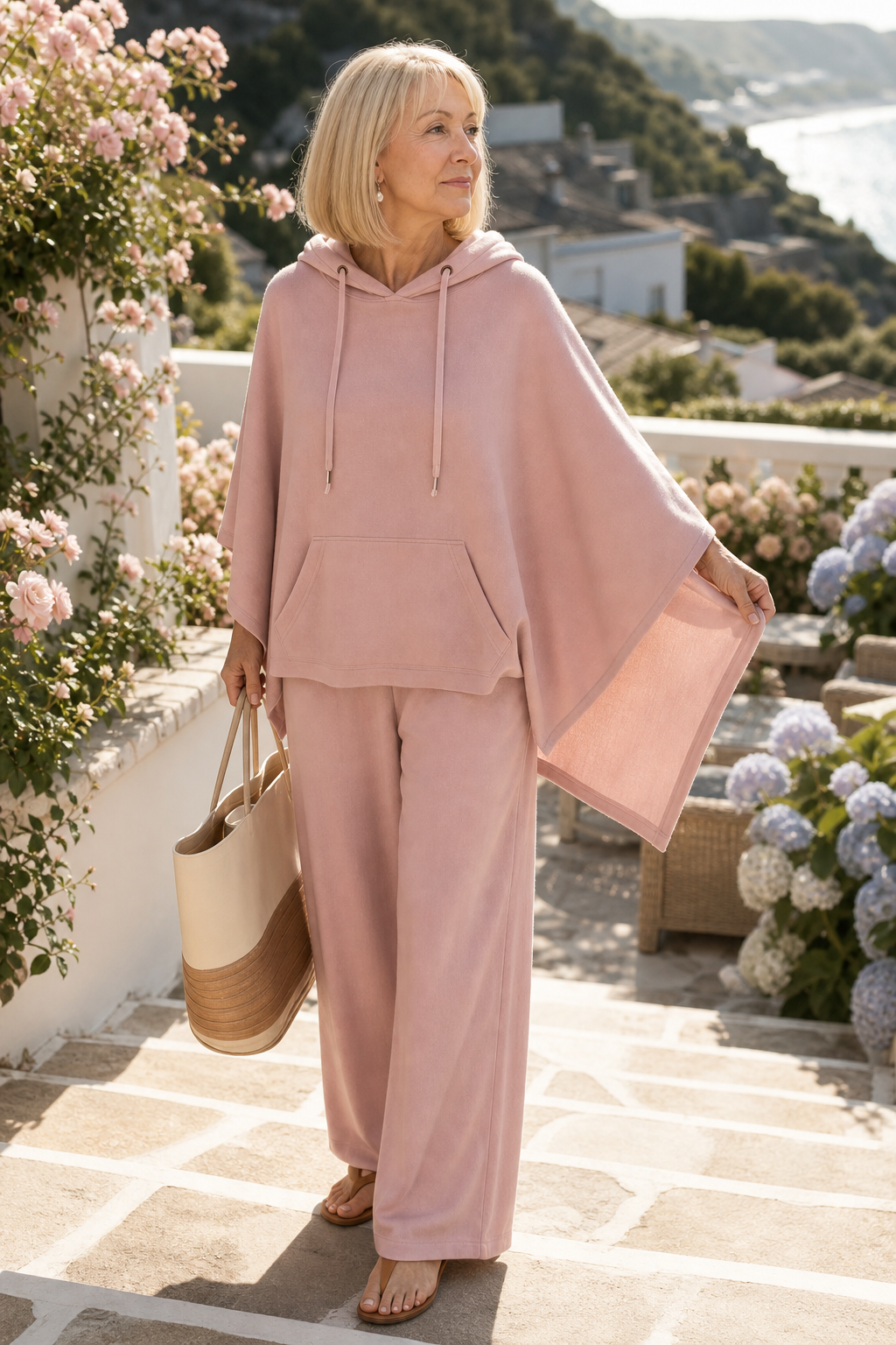 Set aus Kapuzenpelerine und Hose mit weitem Bein