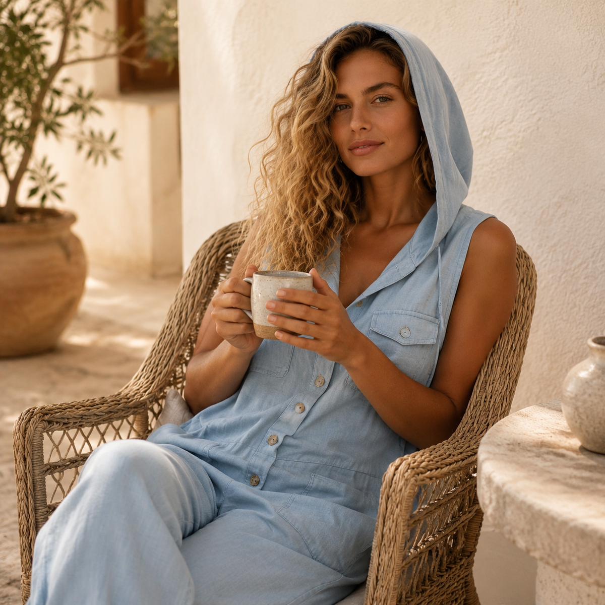 Ärmelloser Jumpsuit mit Kapuze