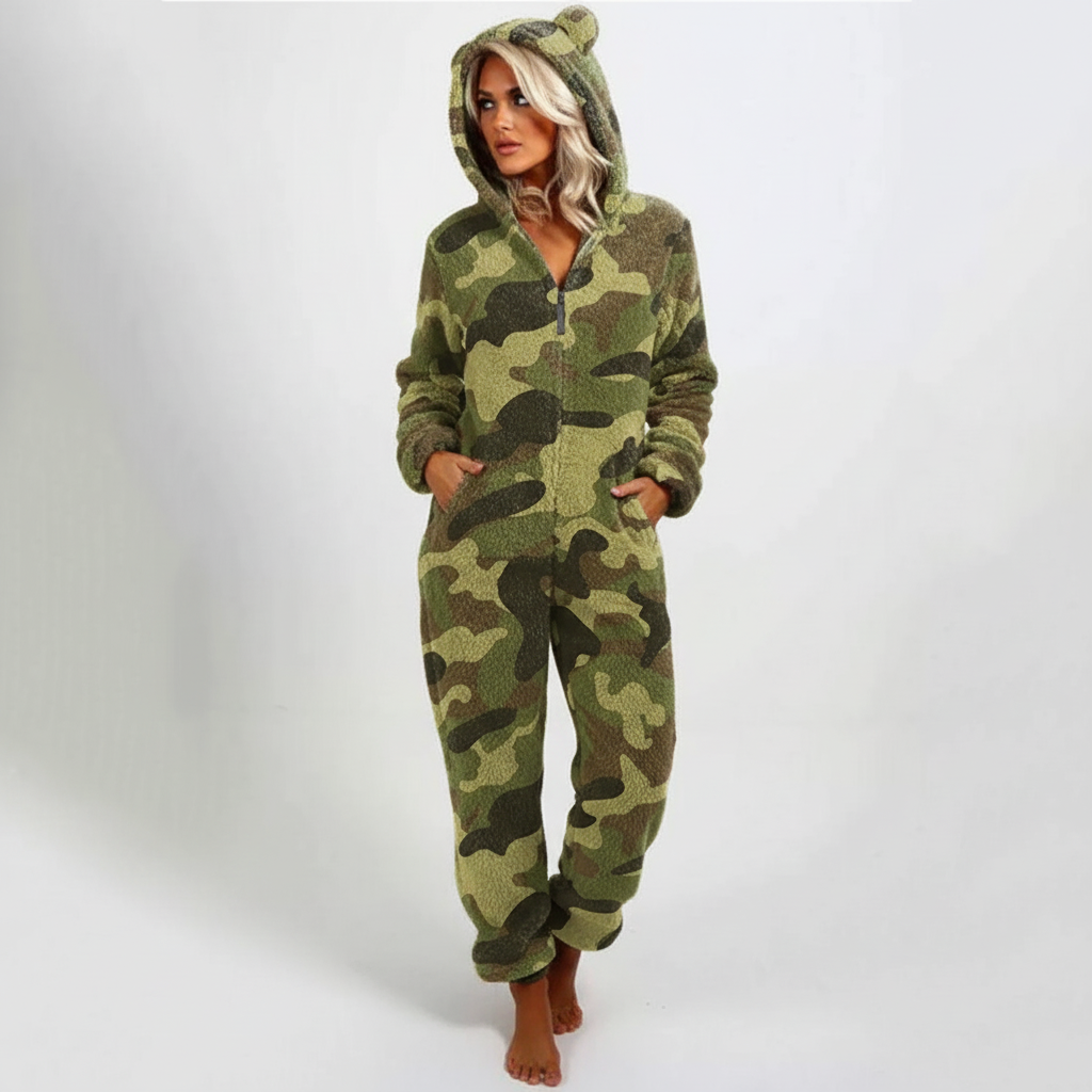 Bequemer, lang geschnittener Jumpsuit-Schlafanzug mit Kapuze