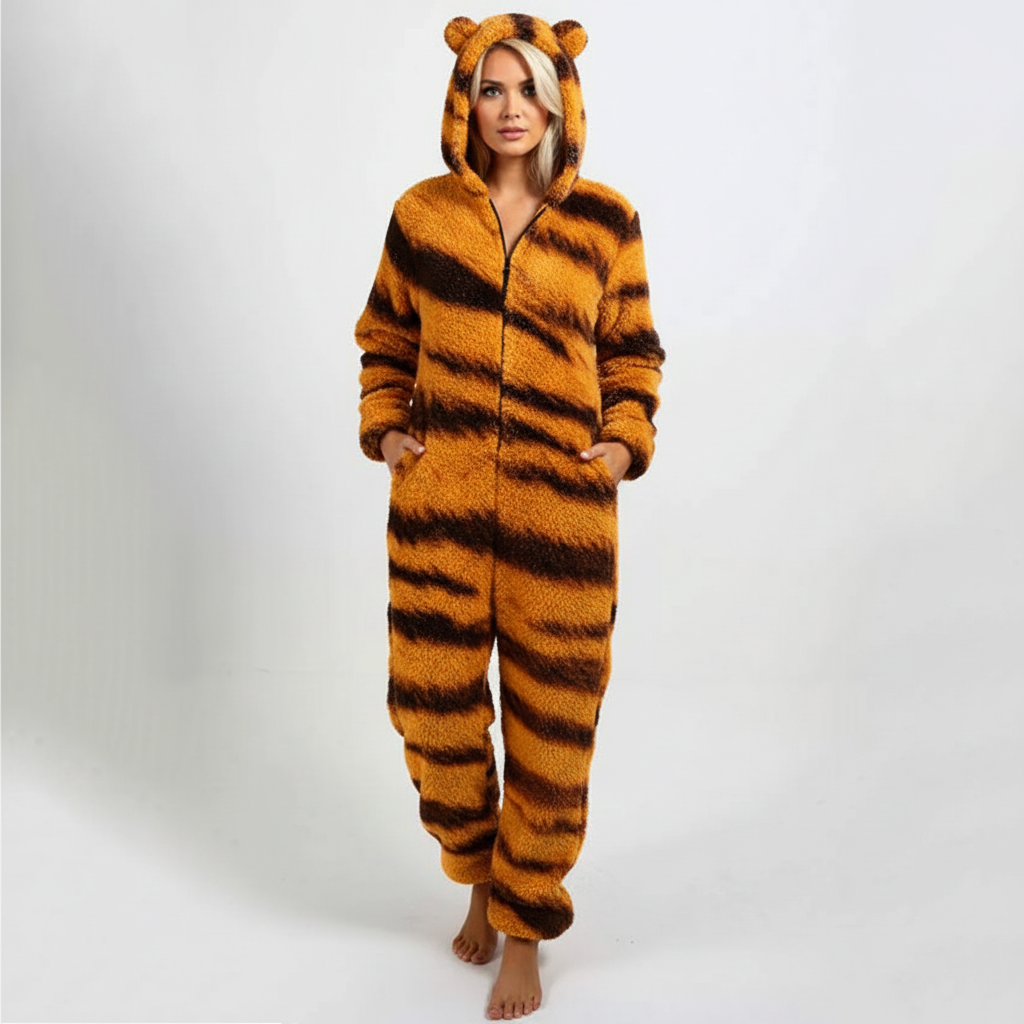 Bequemer, lang geschnittener Jumpsuit-Schlafanzug mit Kapuze