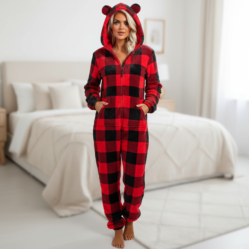 Bequemer, lang geschnittener Jumpsuit-Schlafanzug mit Kapuze