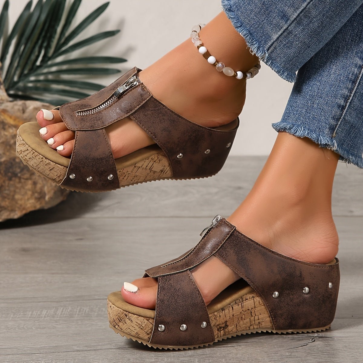 Bequeme Damen-Keilsandalen mit Korksohle, offener Zehenpartie und Reissverschluss