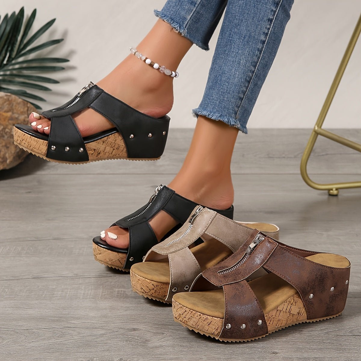 Bequeme Damen-Keilsandalen mit Korksohle, offener Zehenpartie und Reissverschluss