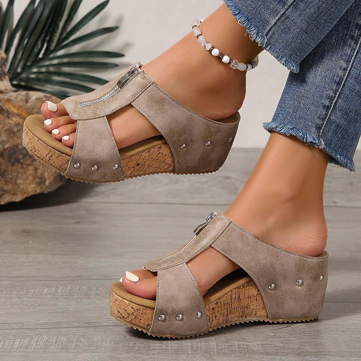 Bequeme Damen-Keilsandalen mit Korksohle, offener Zehenpartie und Reissverschluss
