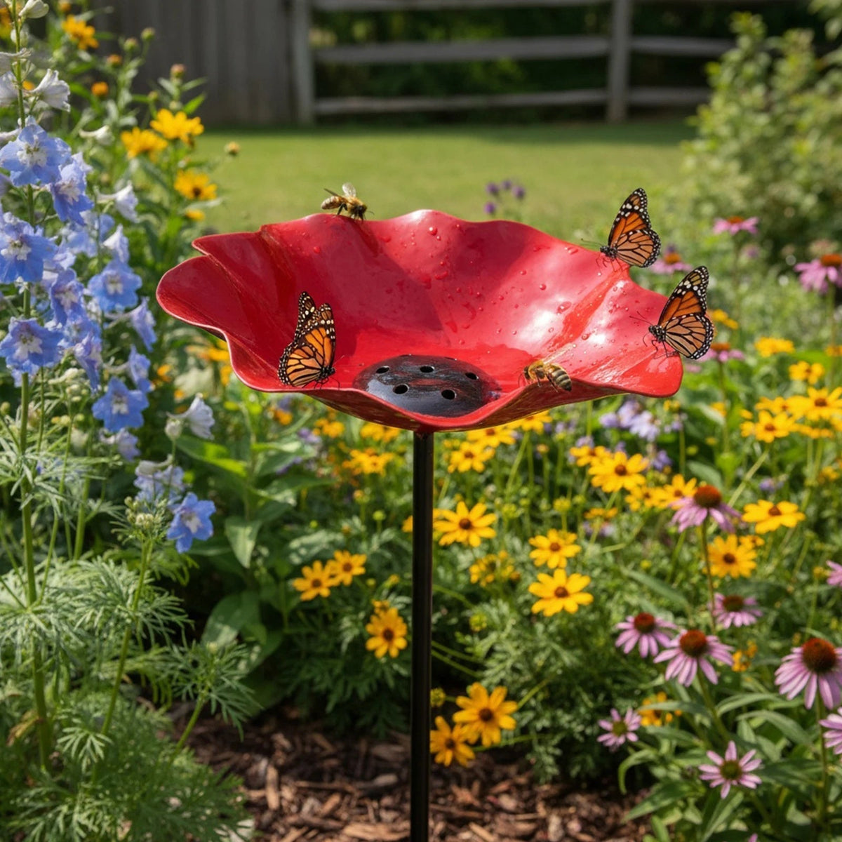 Gartentränkestation mit blütenförmiger Schale und Erdspiess