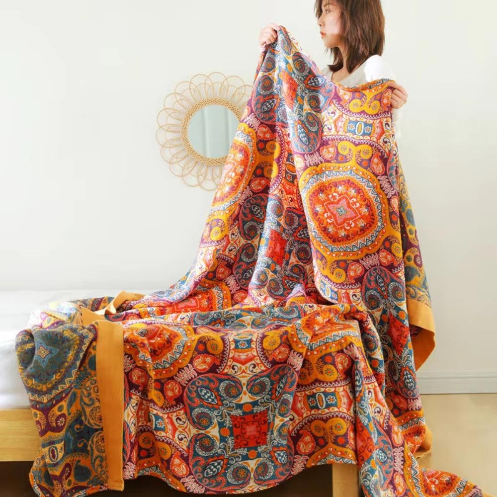 Doppelseitige Baumwoll-Kühldecke mit Boho-Muster – atmungsaktiv und maschinenwaschbar