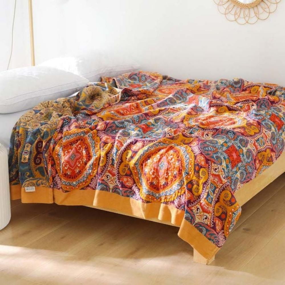 Doppelseitige Baumwoll-Kühldecke mit Boho-Muster – atmungsaktiv und maschinenwaschbar