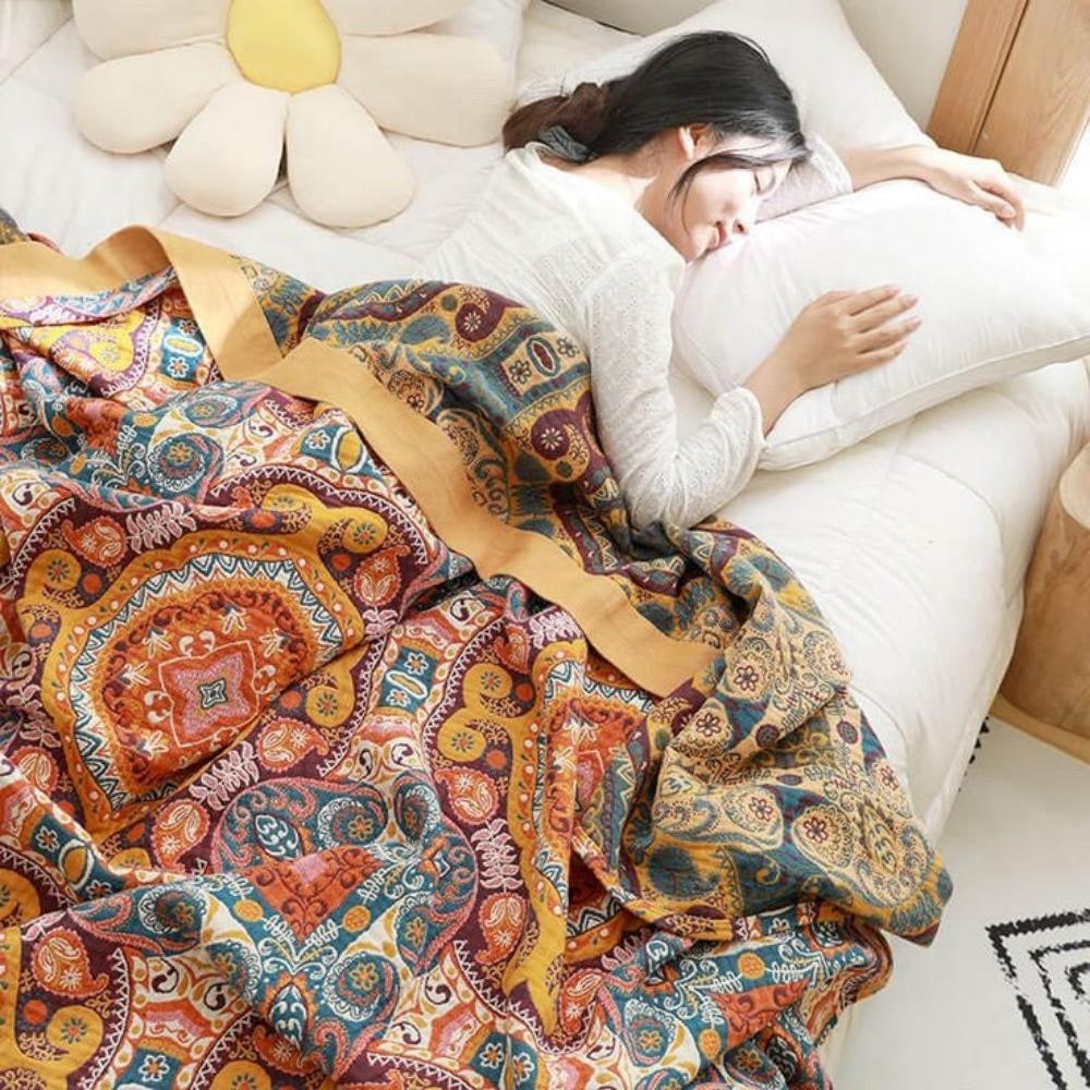 Doppelseitige Baumwoll-Kühldecke mit Boho-Muster – atmungsaktiv und maschinenwaschbar