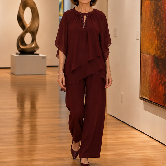 Zweiteiliges Hosenset mit asymmetrischer Chiffon-Lage und Hose mit weitem Bein