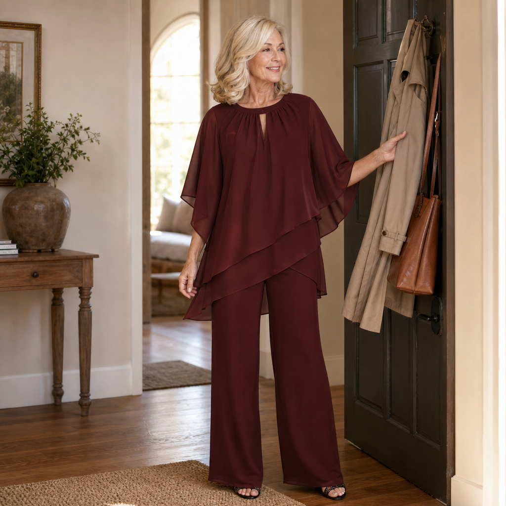 Zweiteiliges Hosenset mit asymmetrischer Chiffon-Lage und Hose mit weitem Bein